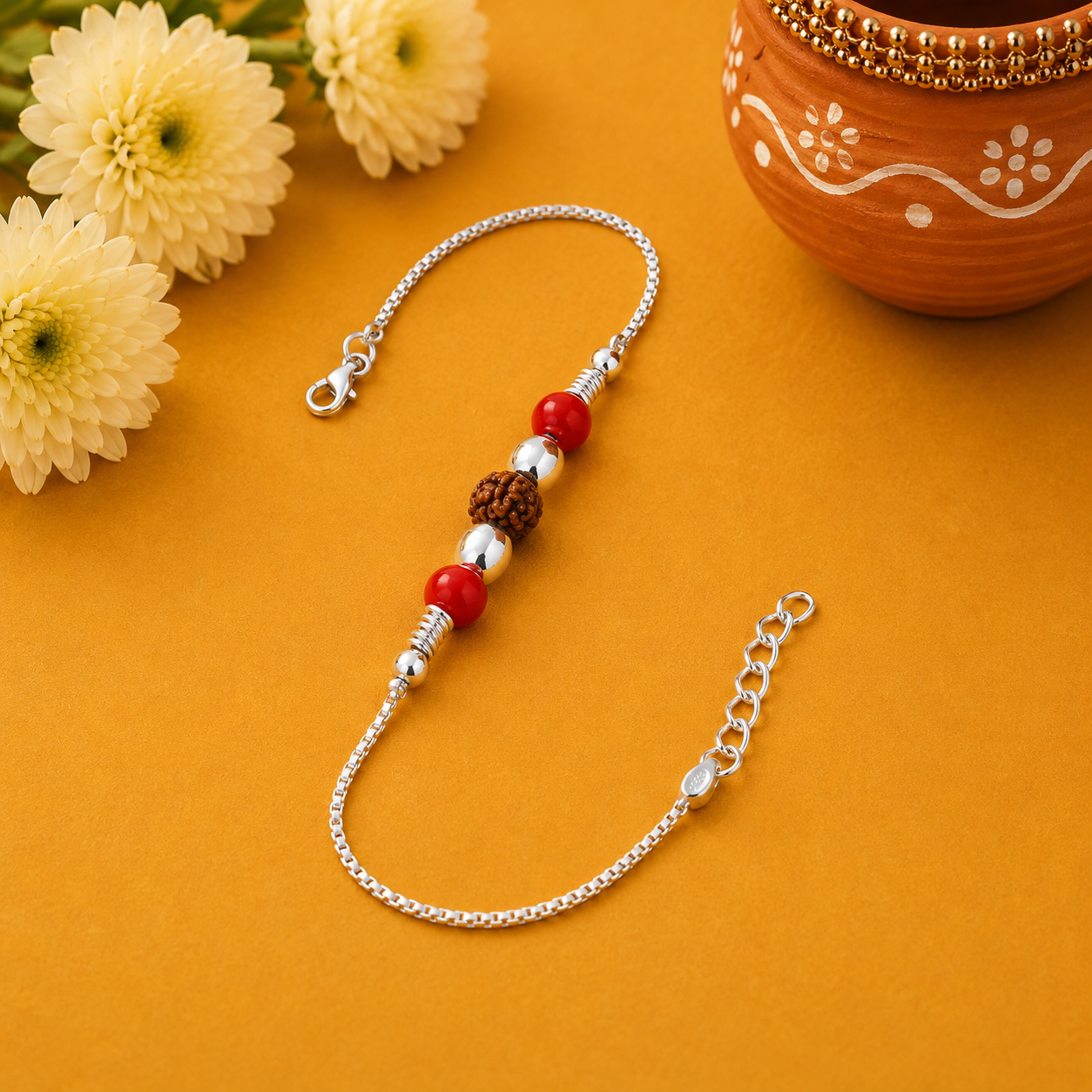 Rudraksha Red Bead Silver Rakhi – OYA by Gemkara view 3