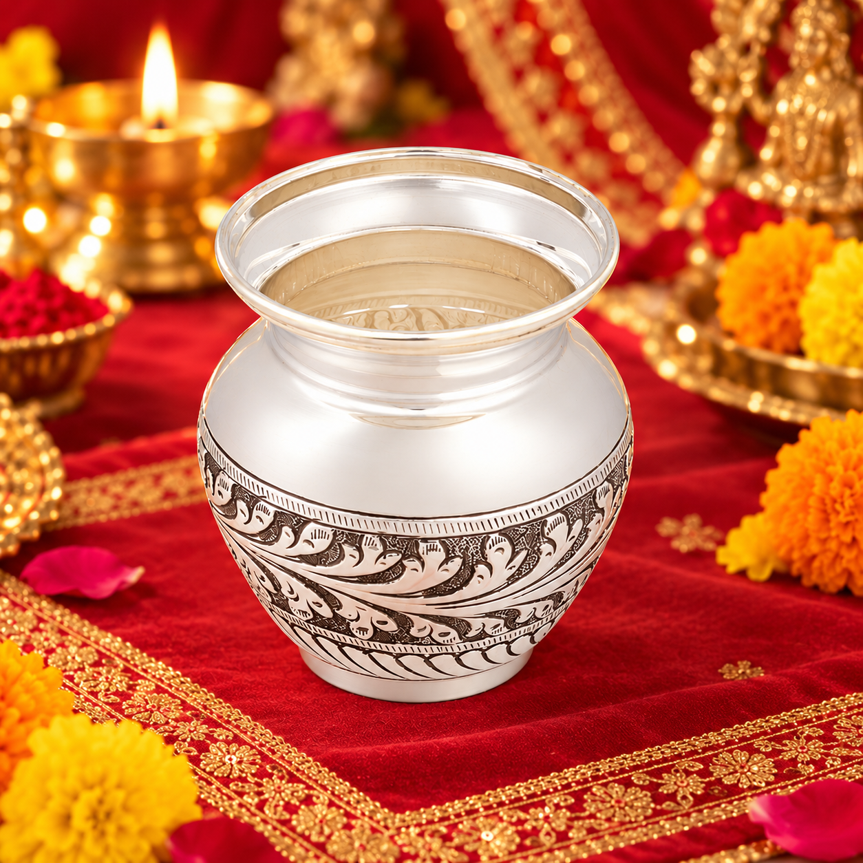 Floral Engraved Antique Finish Pooja Lota – 925 Sterling Silver – OYA by Gemkara view 2