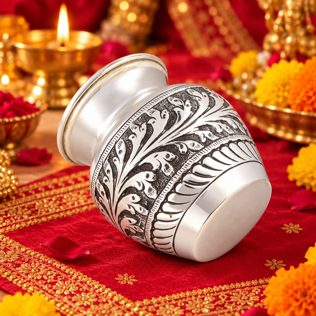 Floral Engraved Antique Finish Pooja Lota – 925 Sterling Silver – OYA by Gemkara view 3