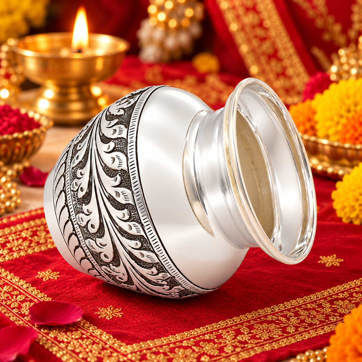 Floral Engraved Antique Finish Pooja Lota – 925 Sterling Silver – OYA by Gemkara view 4