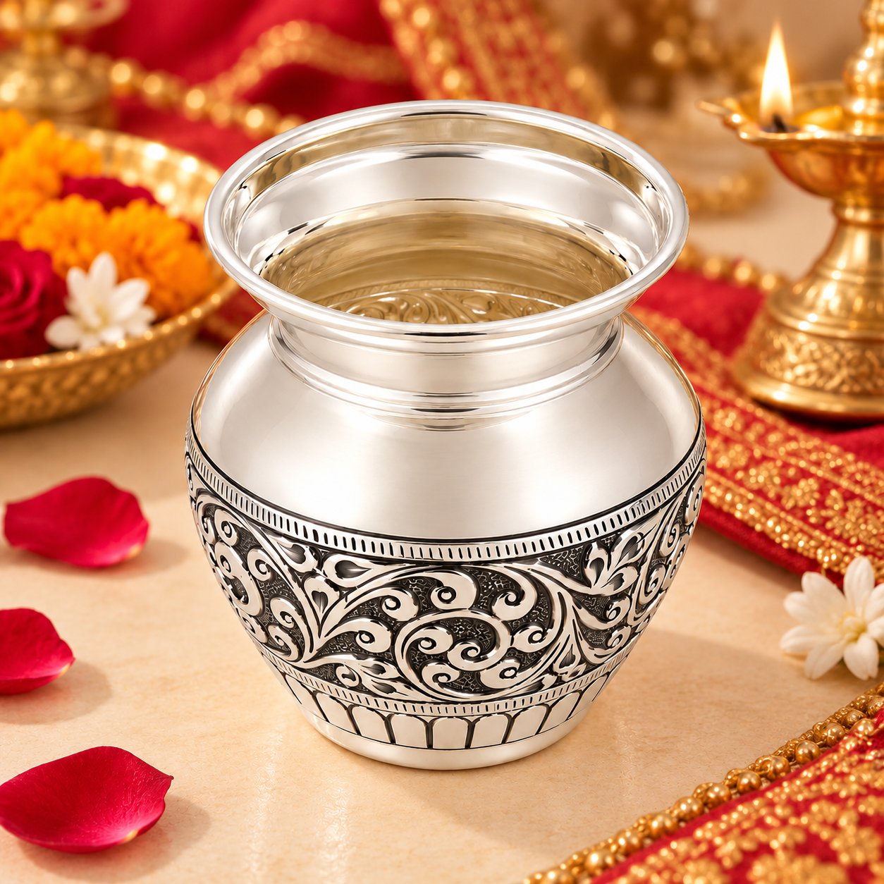 Antique Floral Engraved Pooja Lota – 925 Sterling Silver – OYA by Gemkara view 2