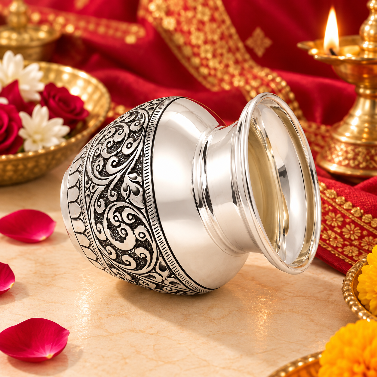 Antique Floral Engraved Pooja Lota – 925 Sterling Silver – OYA by Gemkara view 3