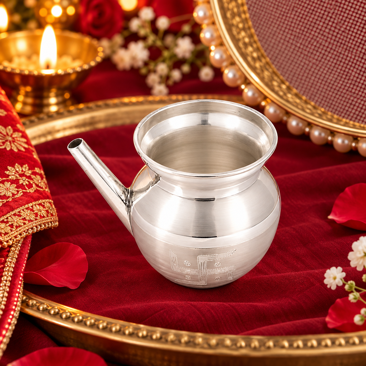Traditional Swastik Engraved Jal Dhara Lota – 925 Sterling Silver – OYA by Gemkara view 2