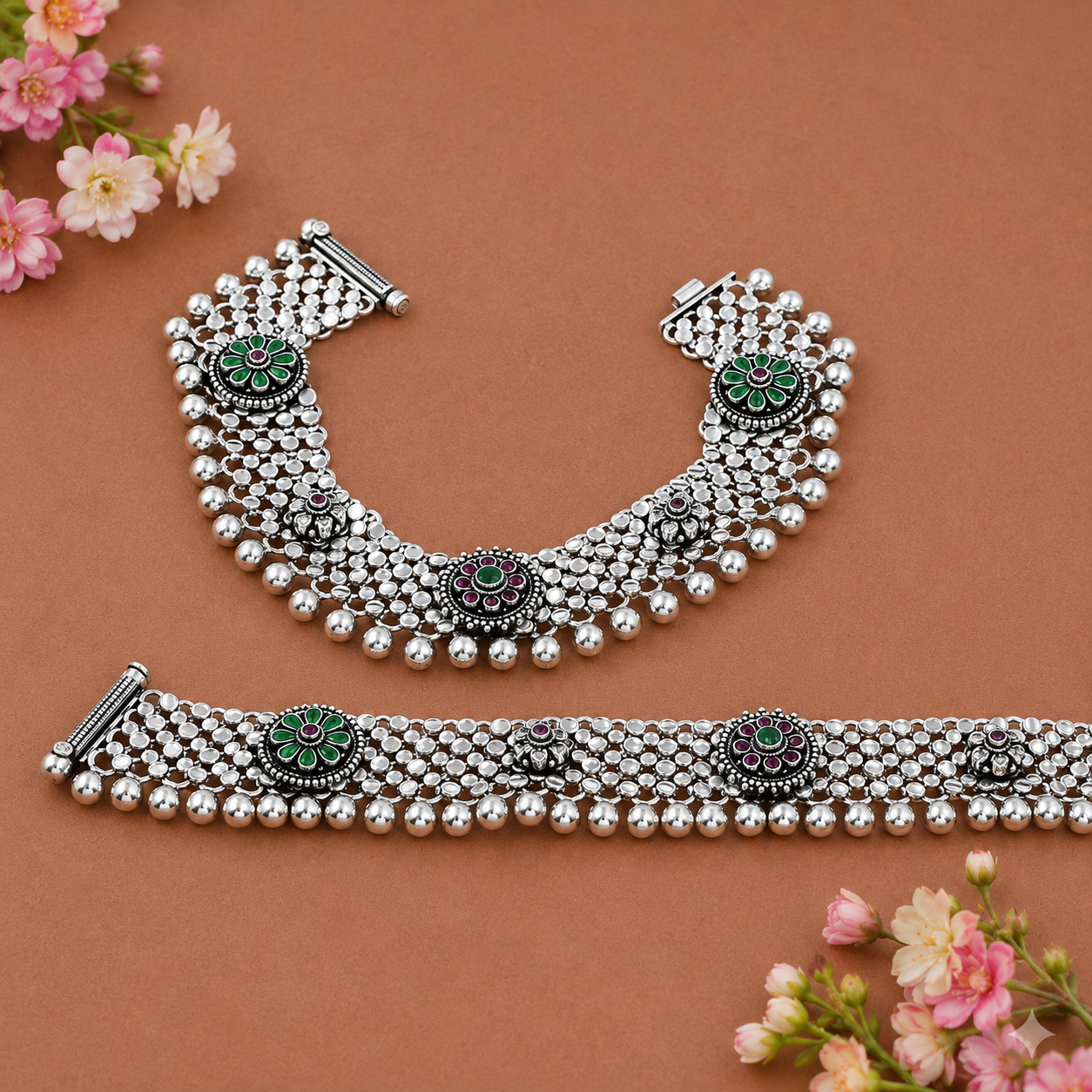 Emerald Bloom Anklet – 925 Sterling Silver – OYA by Gemkara view 2