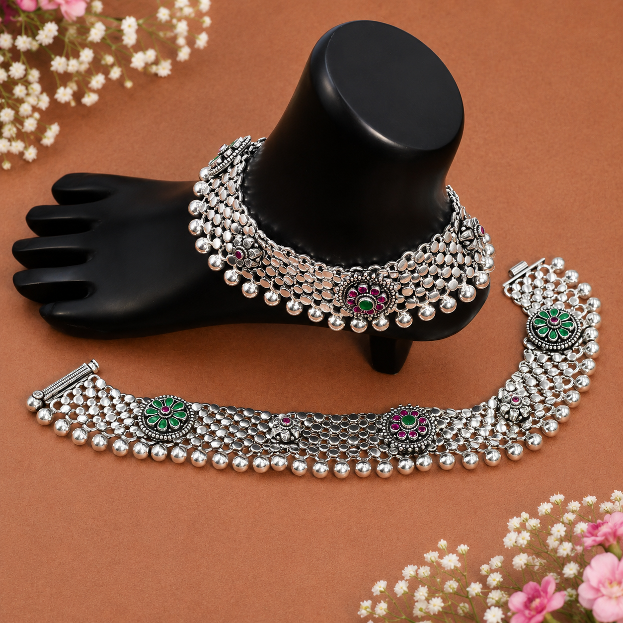 Emerald Bloom Anklet – 925 Sterling Silver – OYA by Gemkara view 3