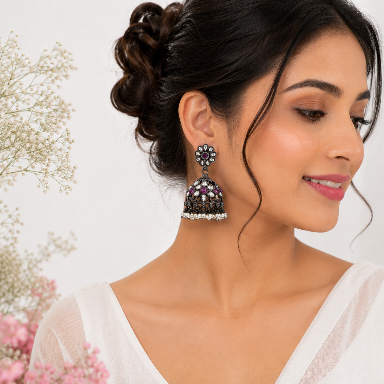 Floral Purple Silver Earrings – OYA by Gemkara view 2