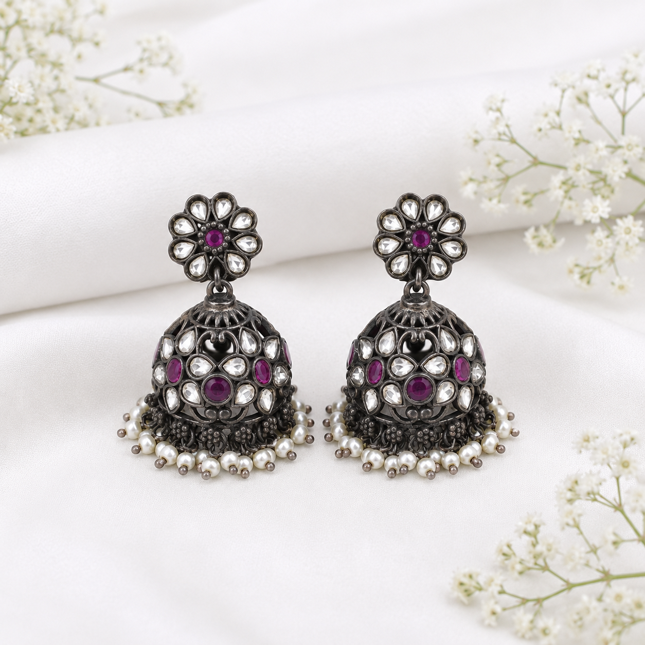Floral Purple Silver Earrings – OYA by Gemkara view 3