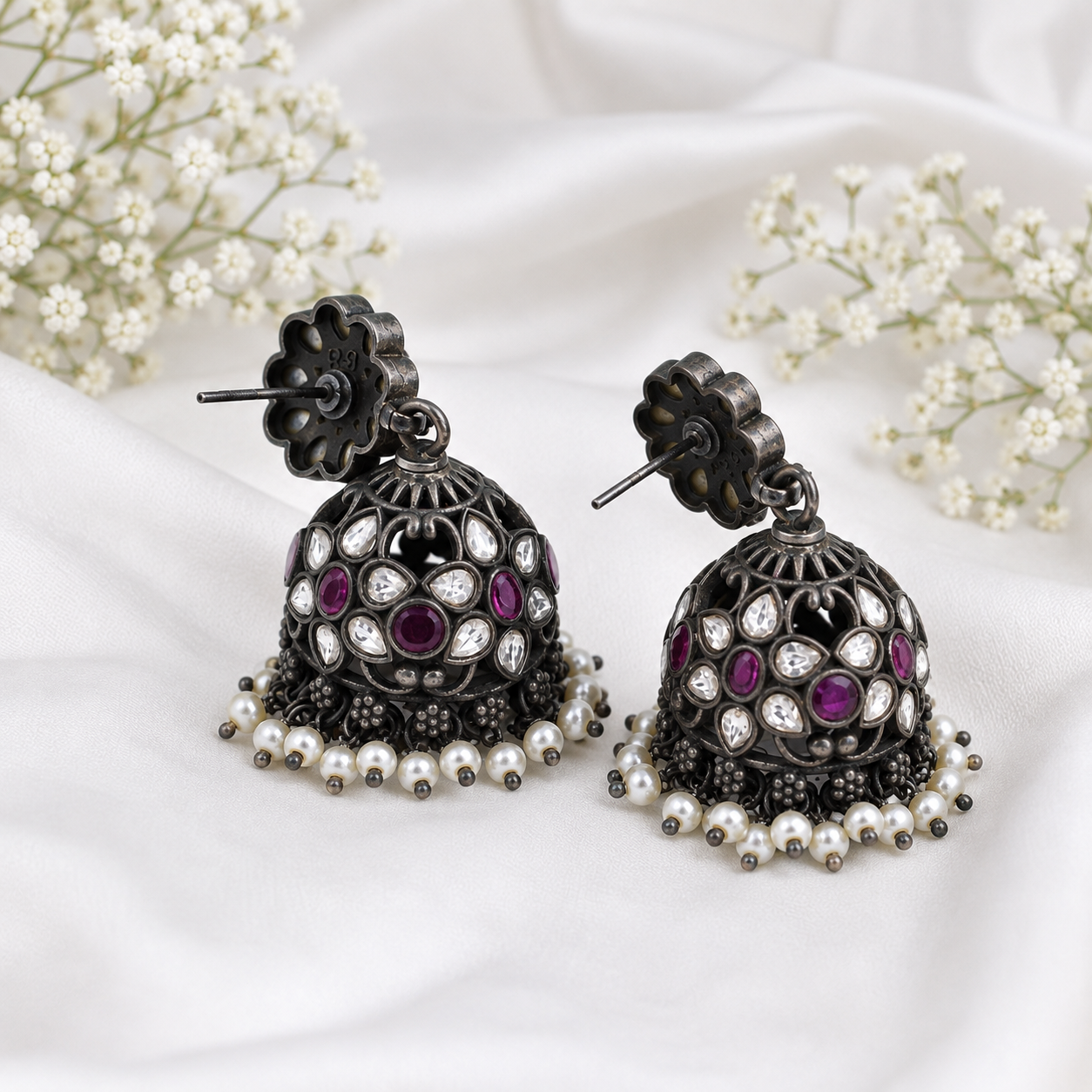Floral Purple Silver Earrings – OYA by Gemkara view 4