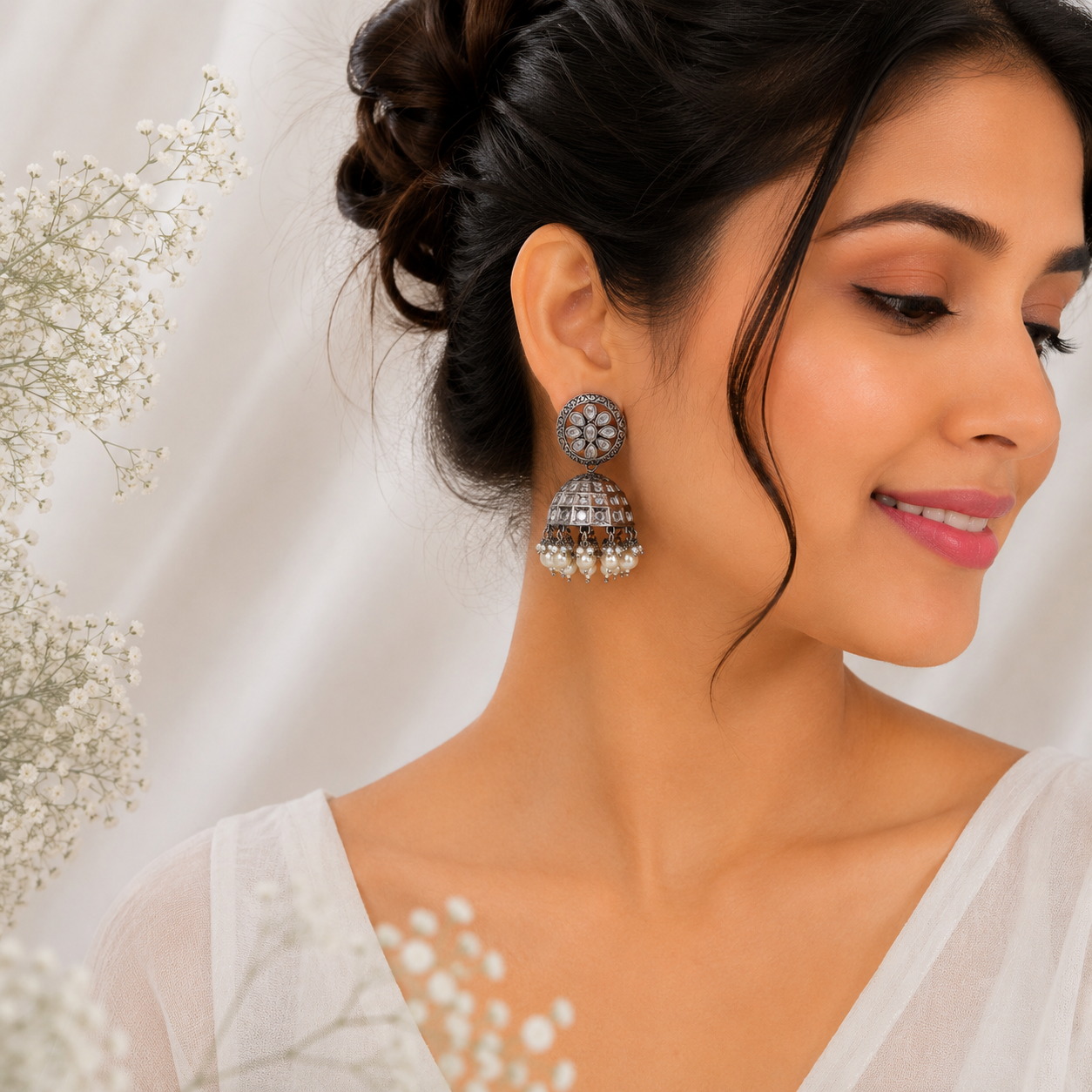 Antique Silver Kundan Jhumka – OYA by Gemkara view 2
