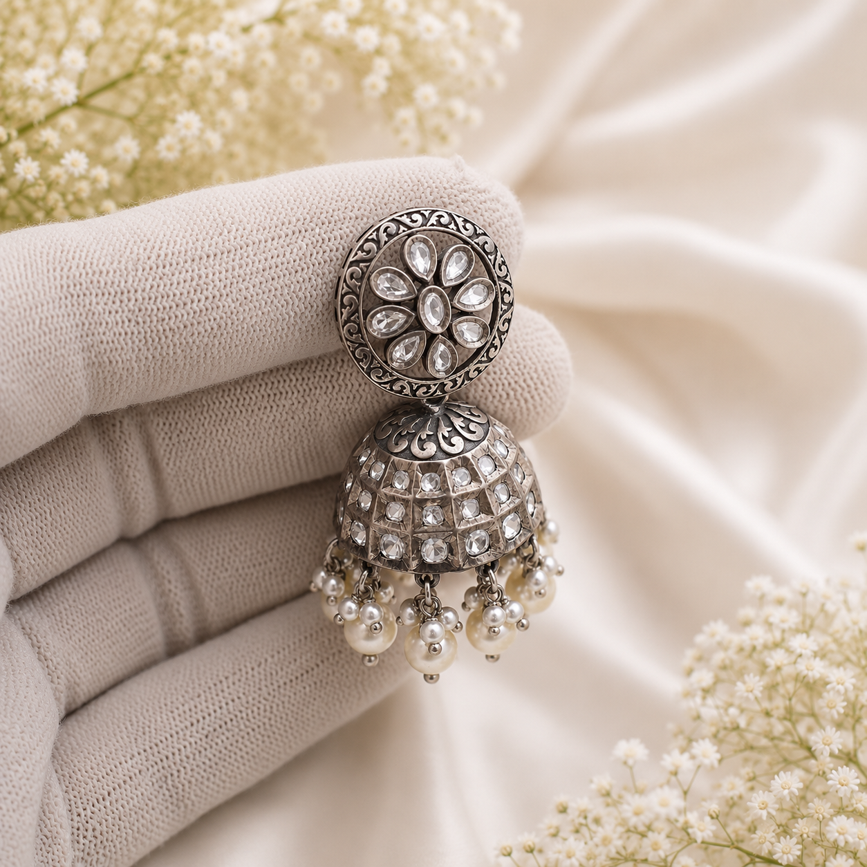 Antique Silver Kundan Jhumka – OYA by Gemkara view 3