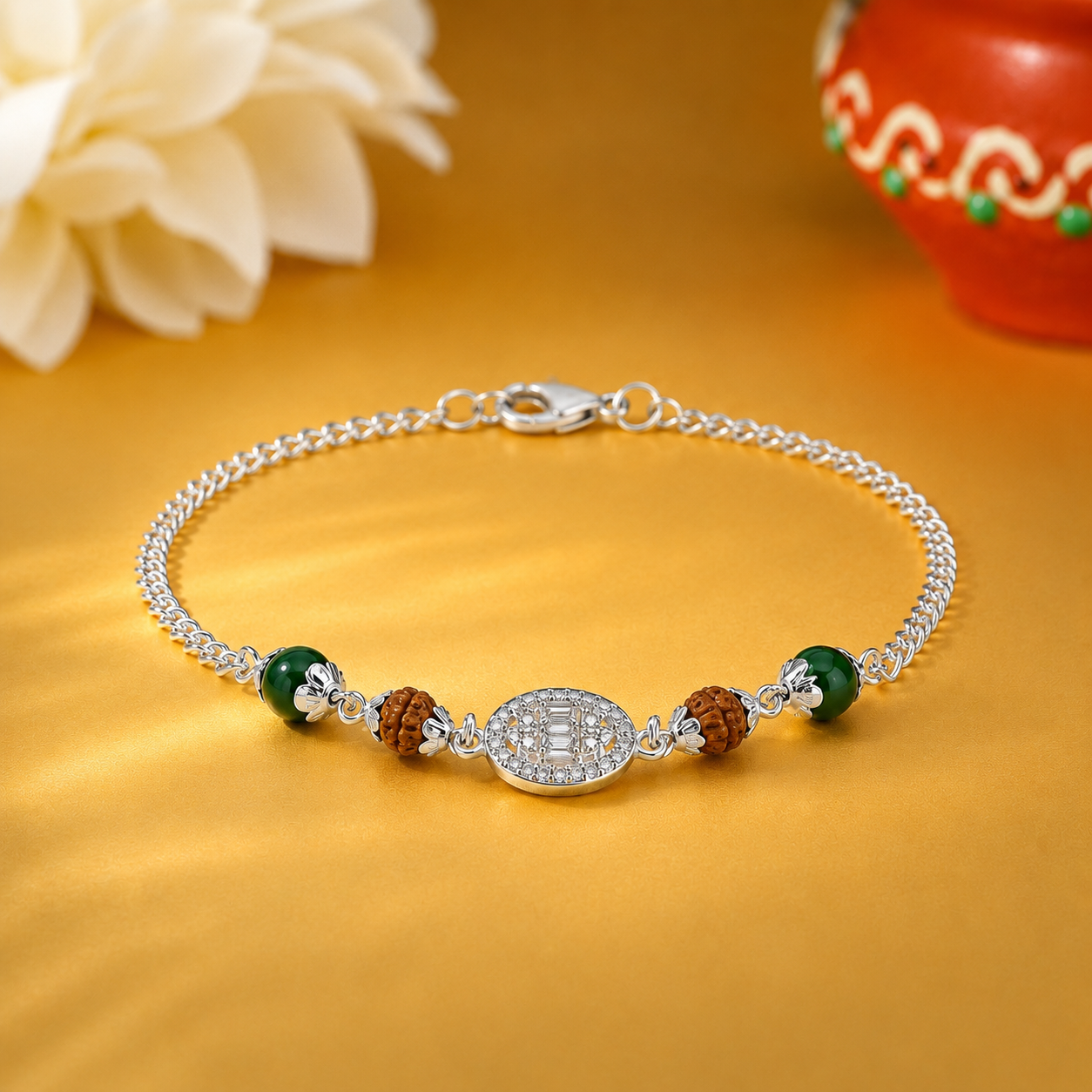 Emerald Rudraksha Rakhi – 925 Sterling Silver – OYA by Gemkara view 1
