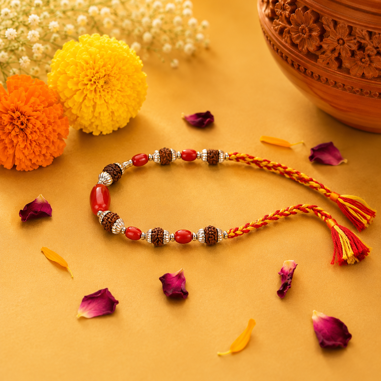 Coral Rudraksha Rakhi – 925 Sterling Silver – OYA by Gemkara view 2