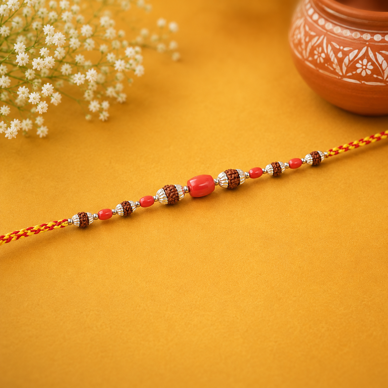 Coral Rudraksha Rakhi – 925 Sterling Silver – OYA by Gemkara view 3