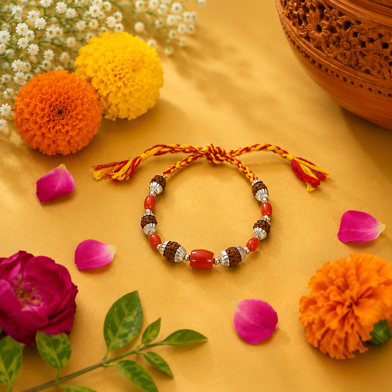 Coral Rudraksha Rakhi – 925 Sterling Silver – OYA by Gemkara view 4