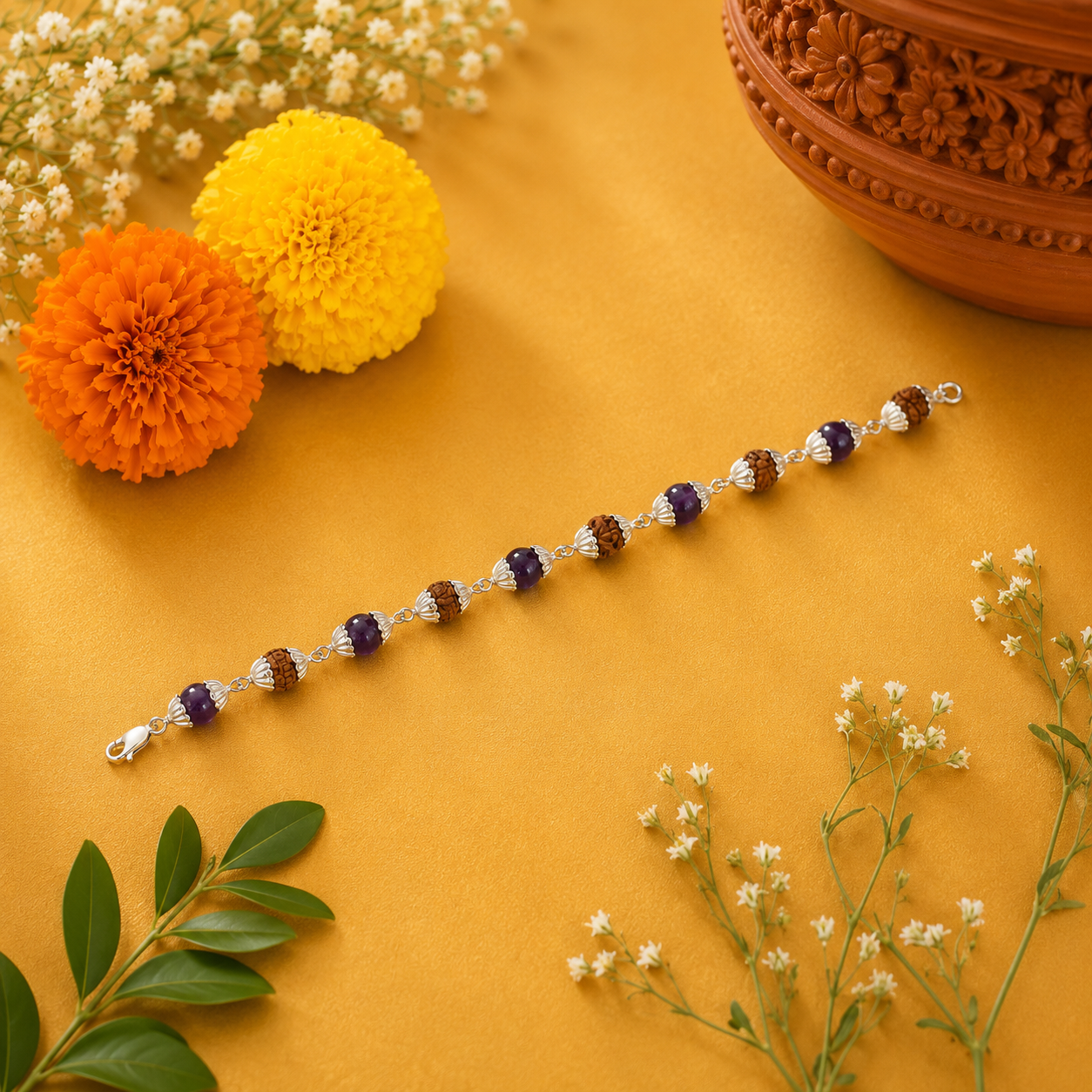 Amethyst Rudraksha Rakhi – 925 Sterling Silver – OYA by Gemkara view 2