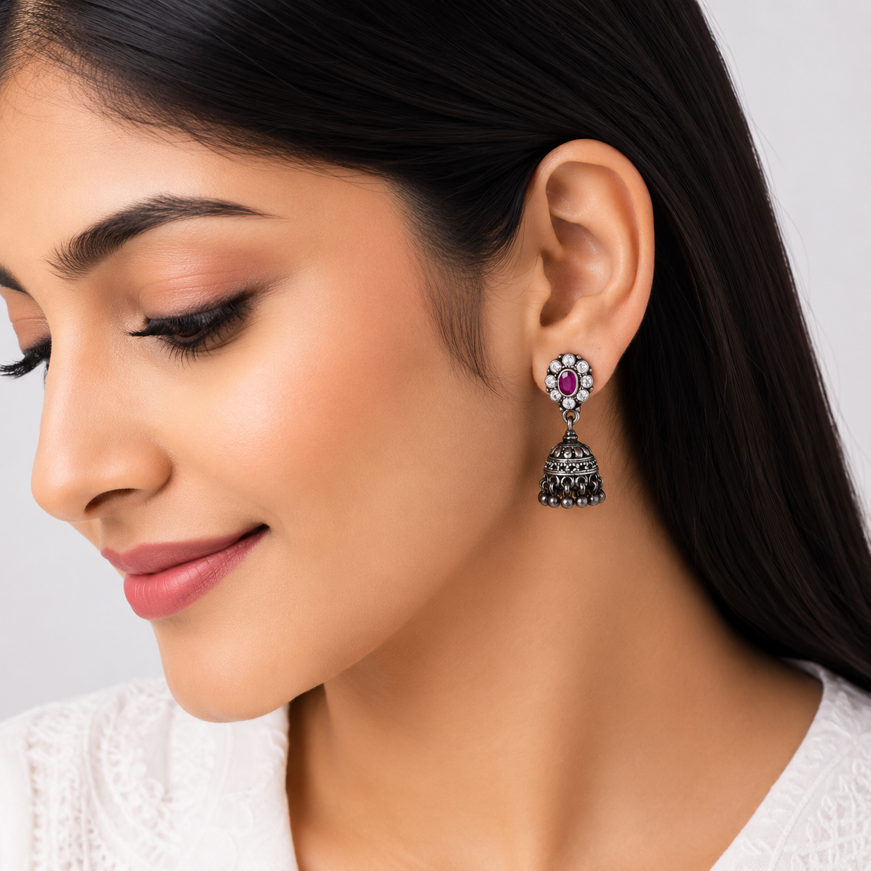 Ruby Halo Jhumka – 925 Sterling Silver – OYA by Gemkara view 2
