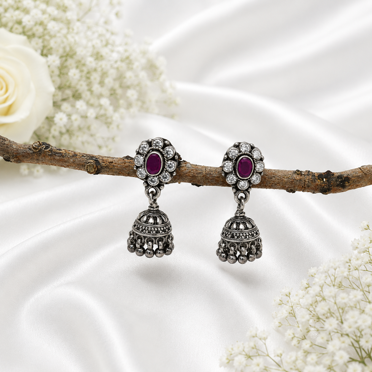 Ruby Halo Jhumka – 925 Sterling Silver – OYA by Gemkara view 4