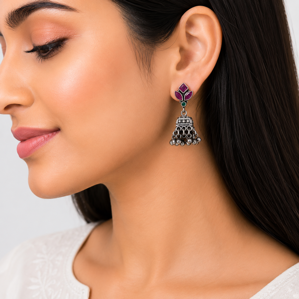 Ruby Leaf Jhumka -1 – 925 Sterling Silver – OYA by Gemkara view 2