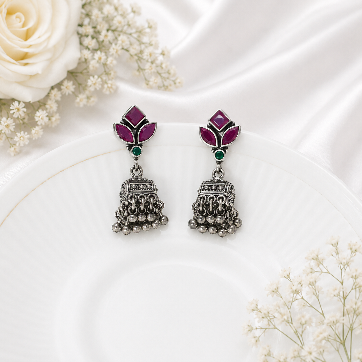 Ruby Leaf Jhumka -1 – 925 Sterling Silver – OYA by Gemkara view 3