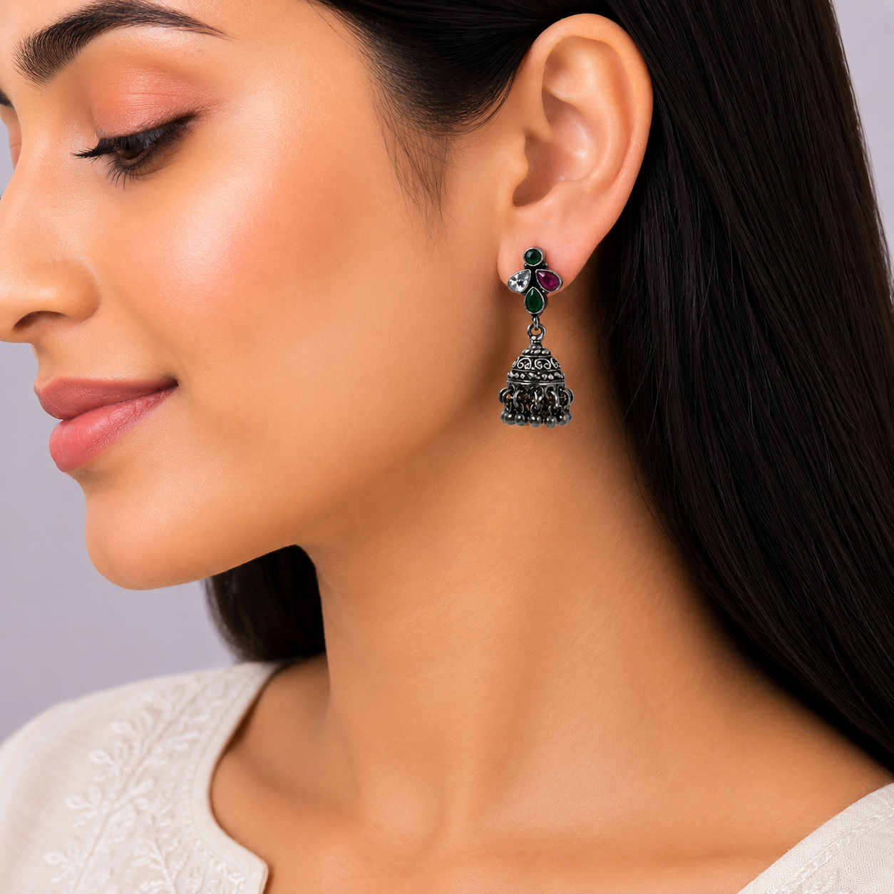 Floral Stone Jhumka – 925 Sterling Silver – OYA by Gemkara view 2