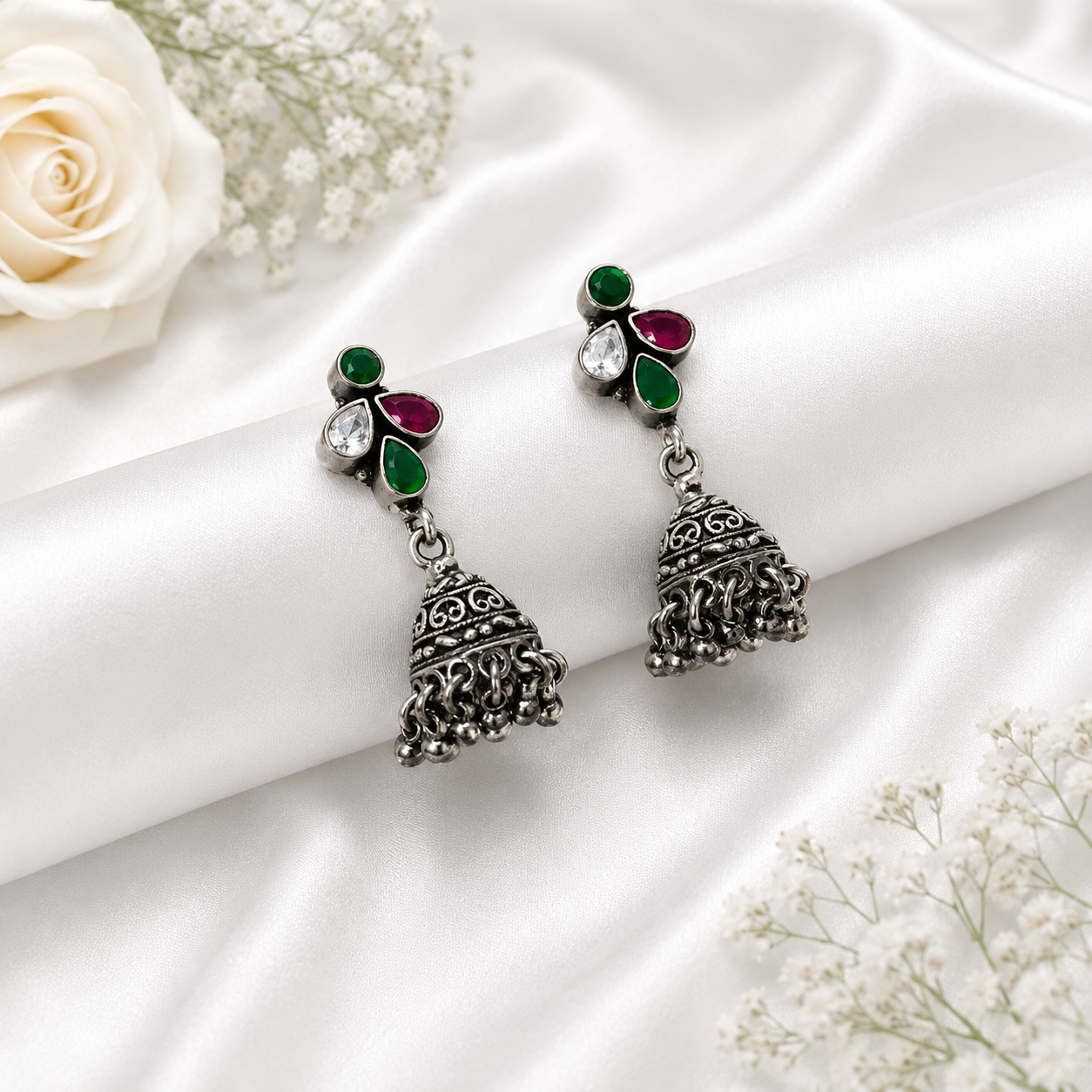 Floral Stone Jhumka – 925 Sterling Silver – OYA by Gemkara view 3