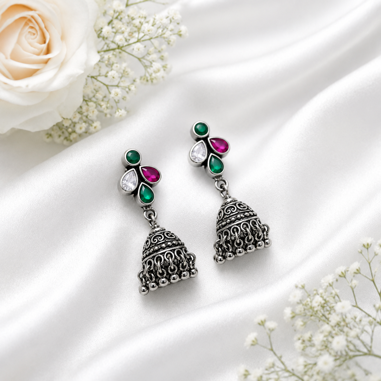 Floral Stone Jhumka – 925 Sterling Silver – OYA by Gemkara view 4