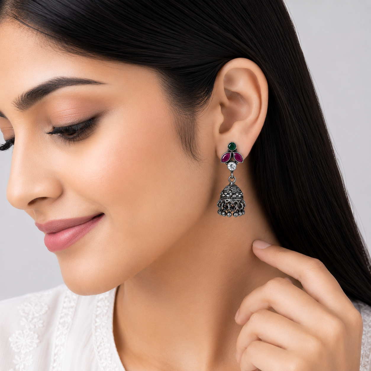 Ruby Bloom Jhumka – 925 Sterling Silver – OYA by Gemkara view 2