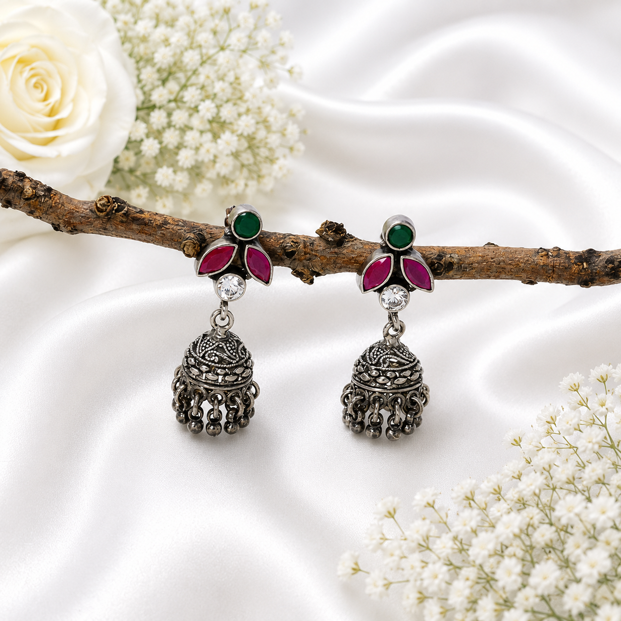 Ruby Bloom Jhumka – 925 Sterling Silver – OYA by Gemkara view 3
