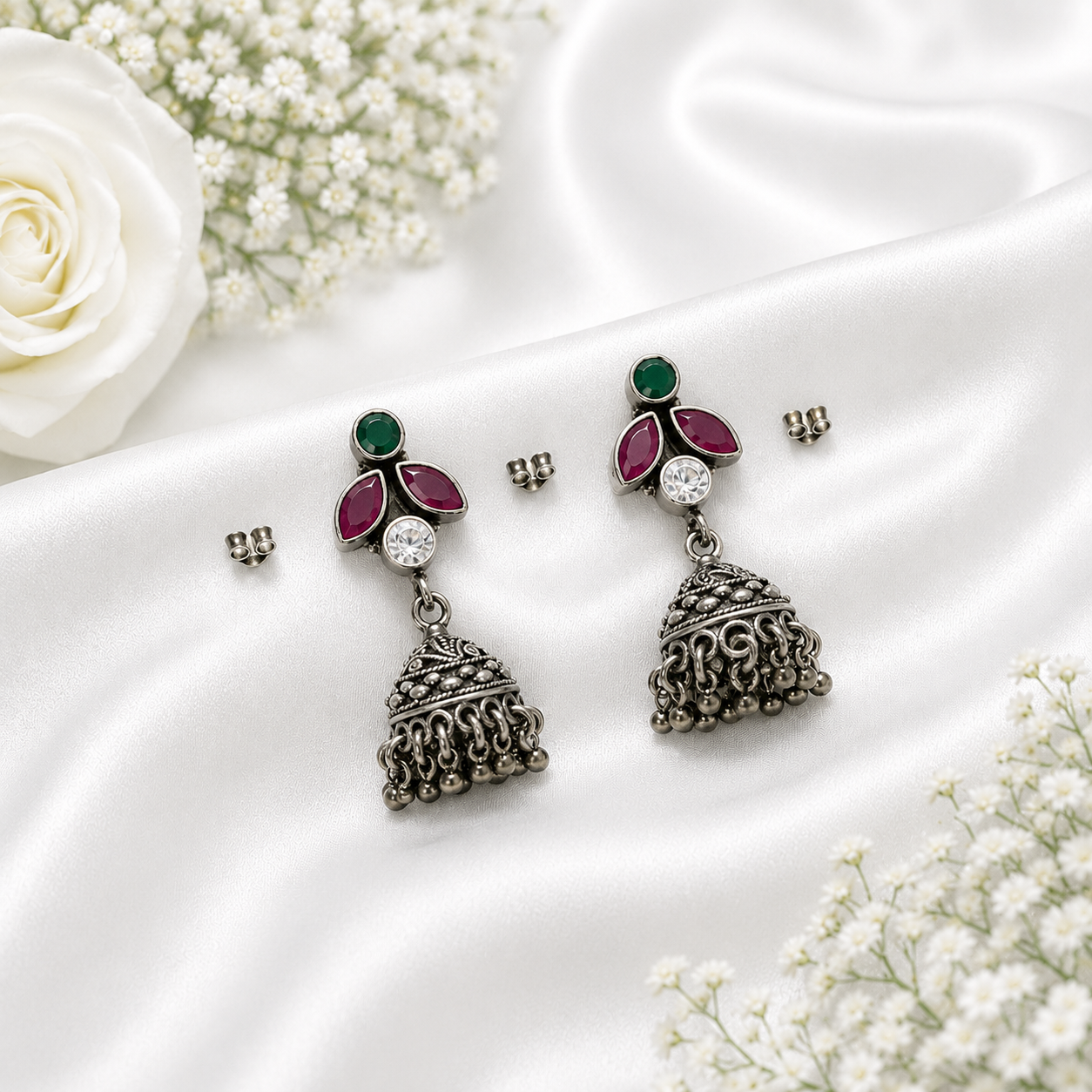 Ruby Bloom Jhumka – 925 Sterling Silver – OYA by Gemkara view 4
