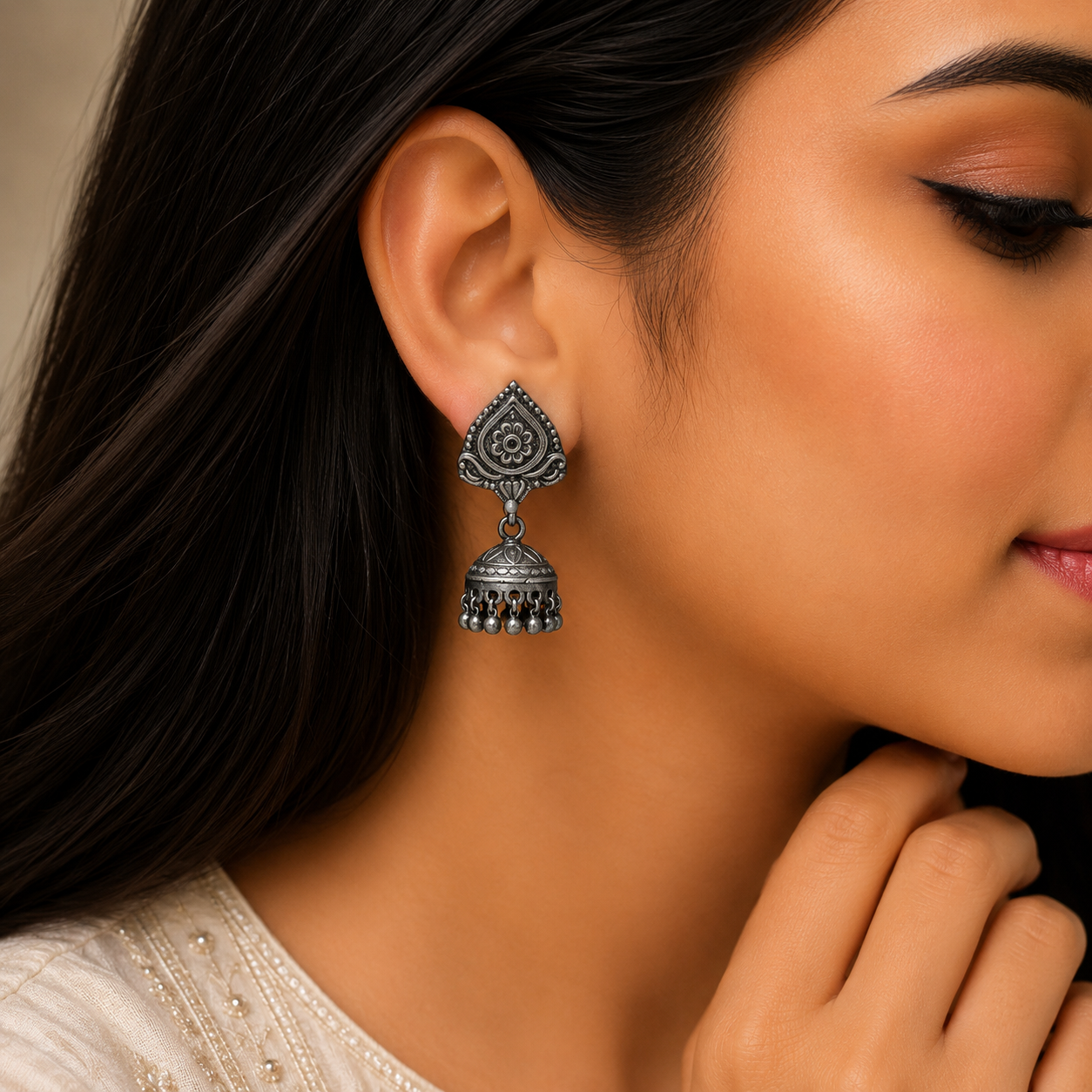 Noor Jhumka – 925 Sterling Silver – OYA by Gemkara view 2