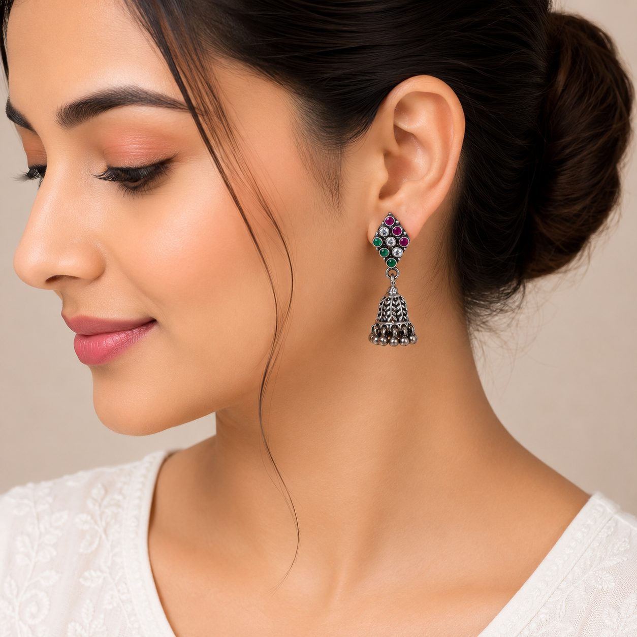 Navratna Leaf Jhumka – 925 Sterling Silver – OYA by Gemkara view 4