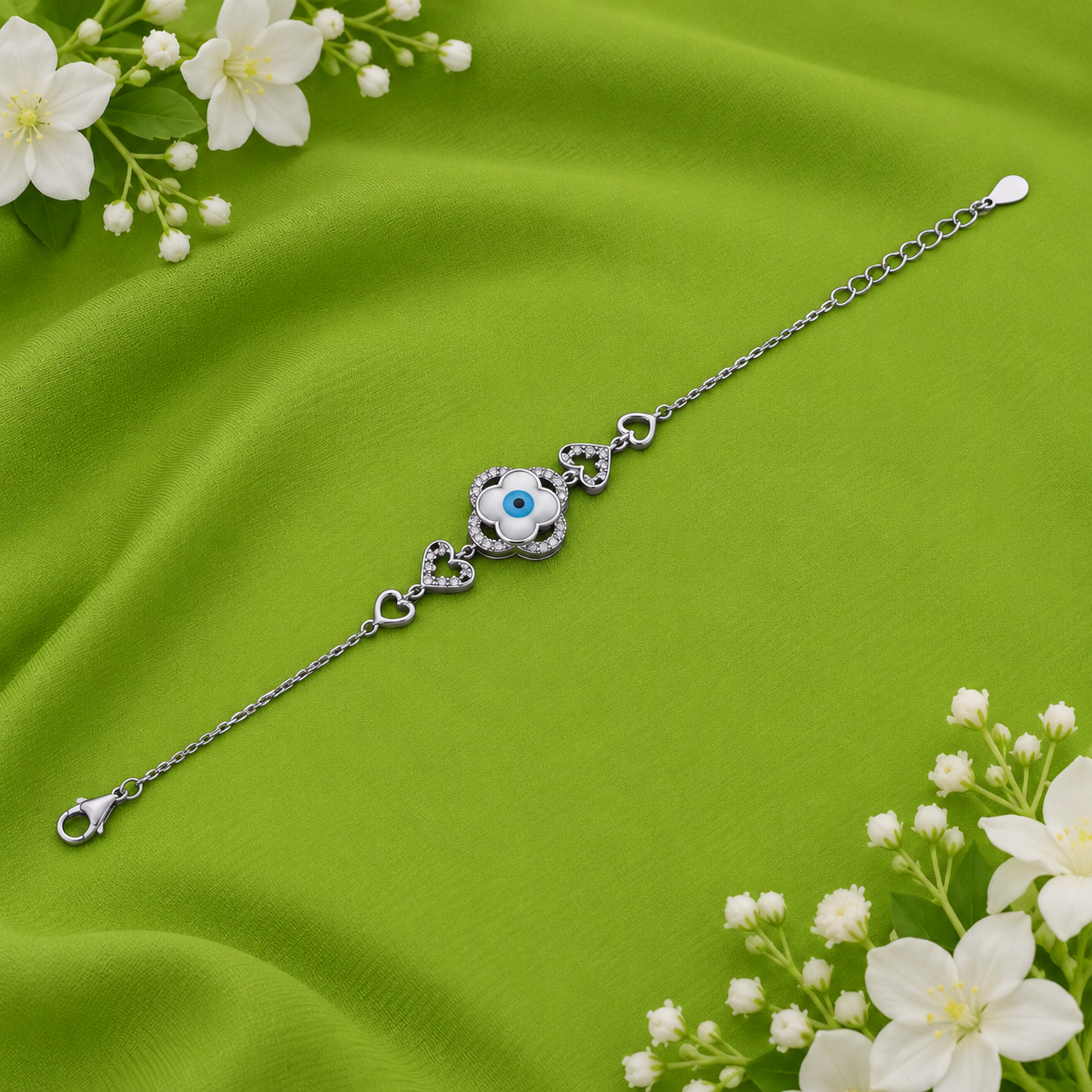 Evil Eye Clover Bracelet – 925 Sterling Silver – OYA by Gemkara view 3