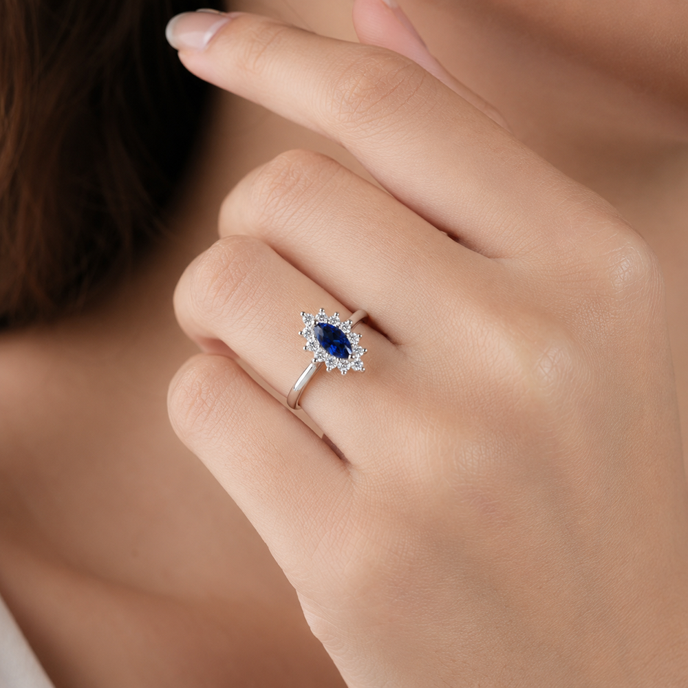 Blue Sapphire Halo Ring – 925 Sterling Silver – OYA by Gemkara view 4