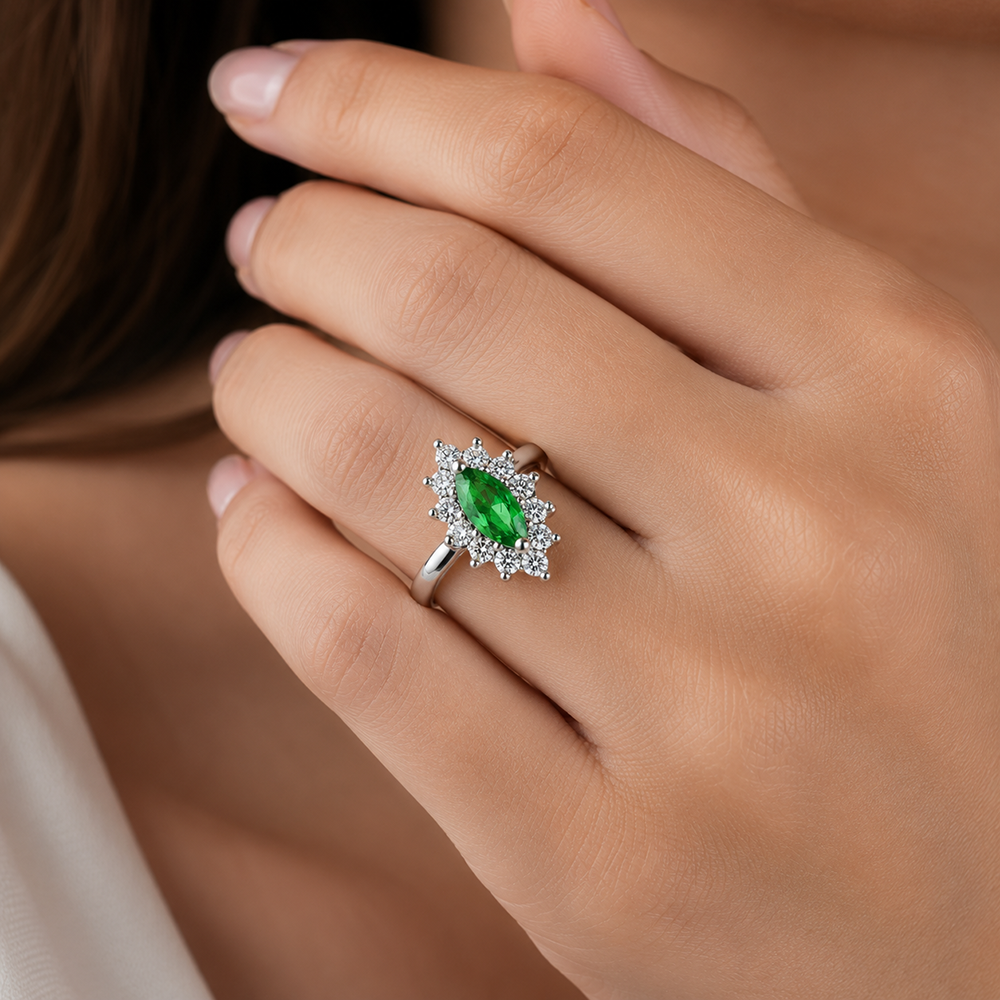 Emerald Halo Ring – 925 Sterling Silver – OYA by Gemkara view 4
