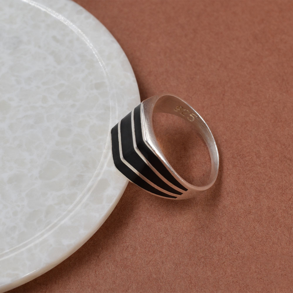 Men’s Silver Black Enamel Stripe Ring