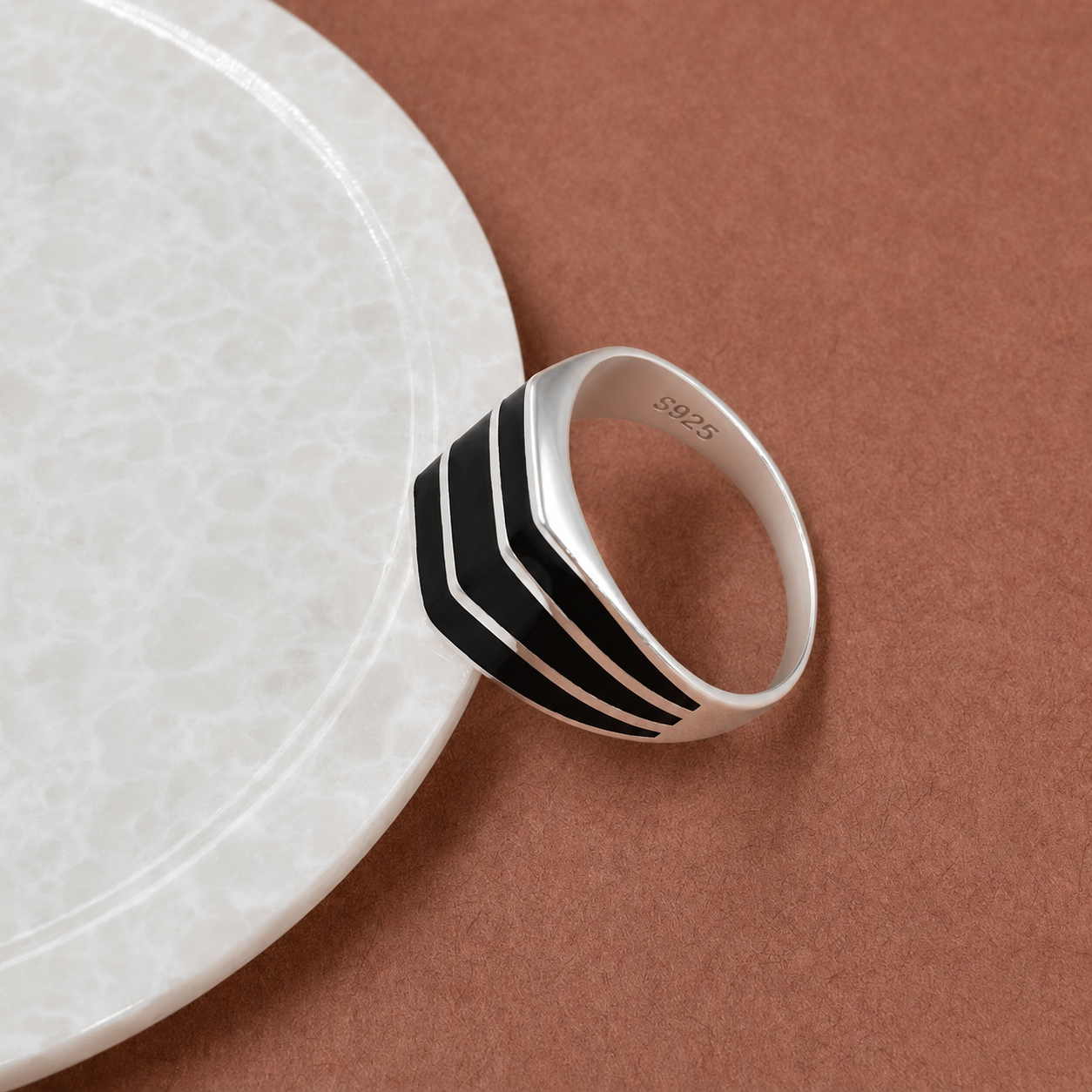 Men’s Silver Black Enamel Stripe Ring – OYA by Gemkara view 3