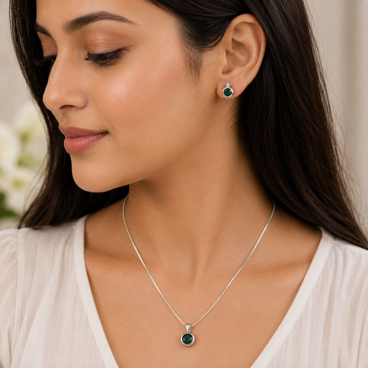 Green Round Solitaire Silver Pendant Set – OYA by Gemkara view 2