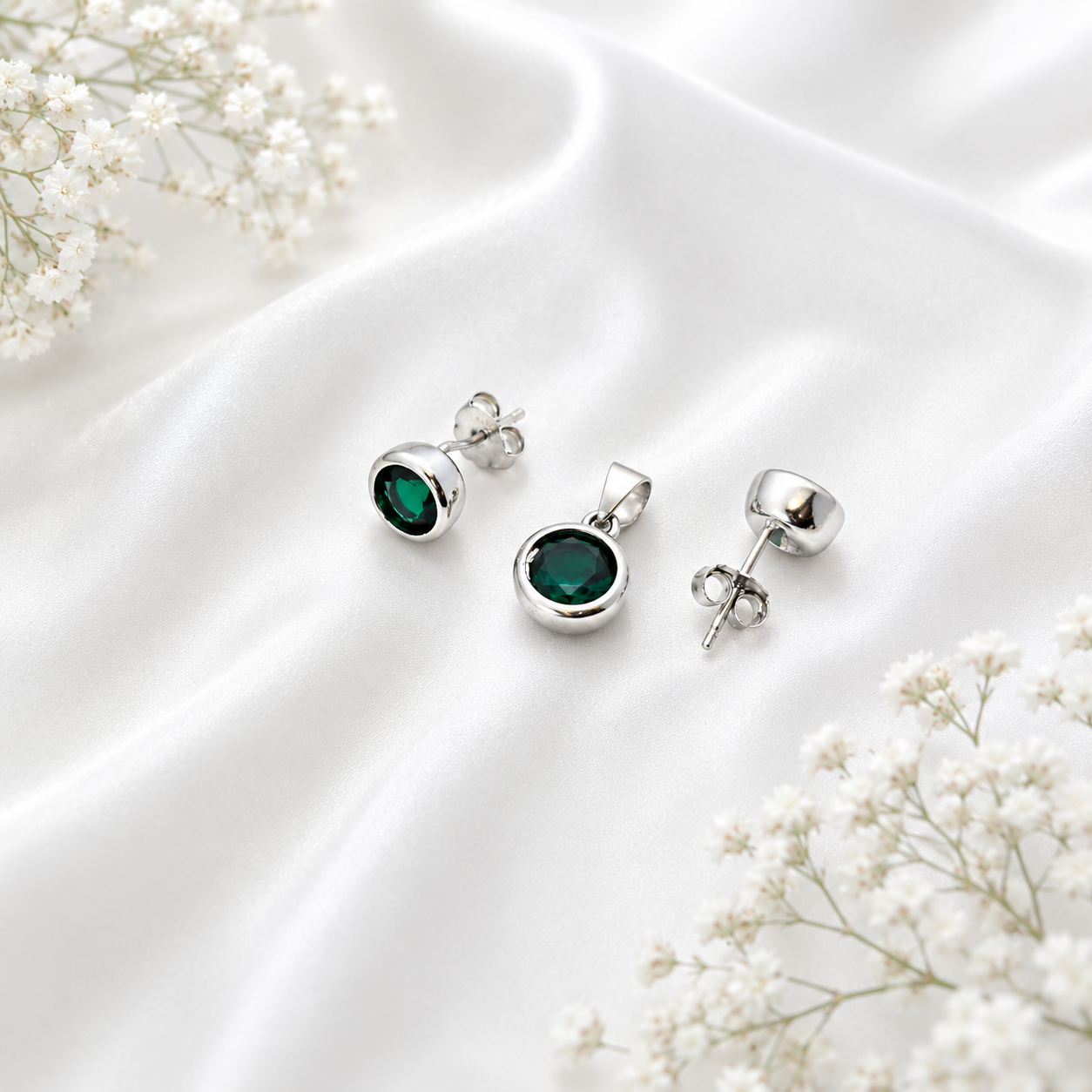 Green Round Solitaire Silver Pendant Set – OYA by Gemkara view 4