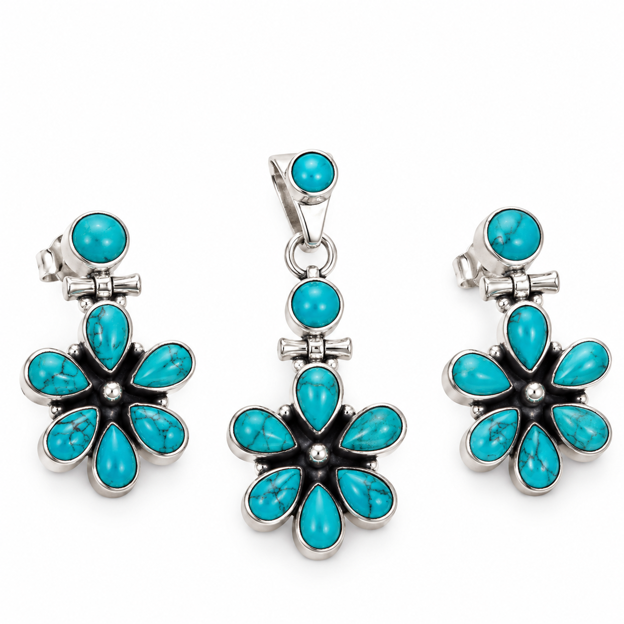 Aqua Daisy Pendant with Earrings – 925 Sterling Silver – OYA by Gemkara view 1