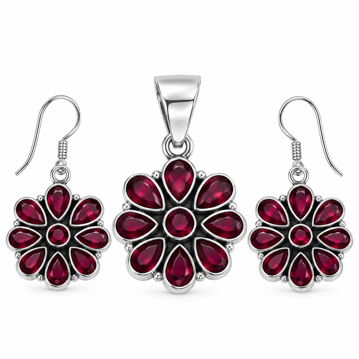 Ruby Bloom Pendant with Earrings – 925 Sterling Silver – OYA by Gemkara view 1