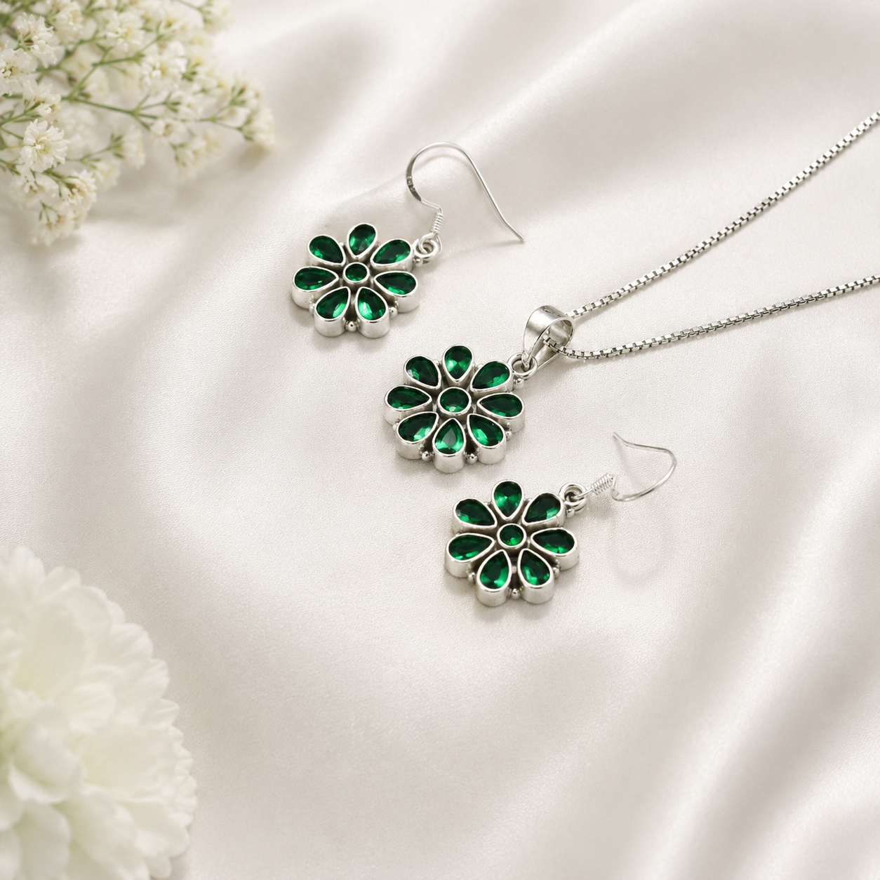 Emerald Green Floral Pendant Set. – 925 Sterling Silver – OYA by Gemkara view 1