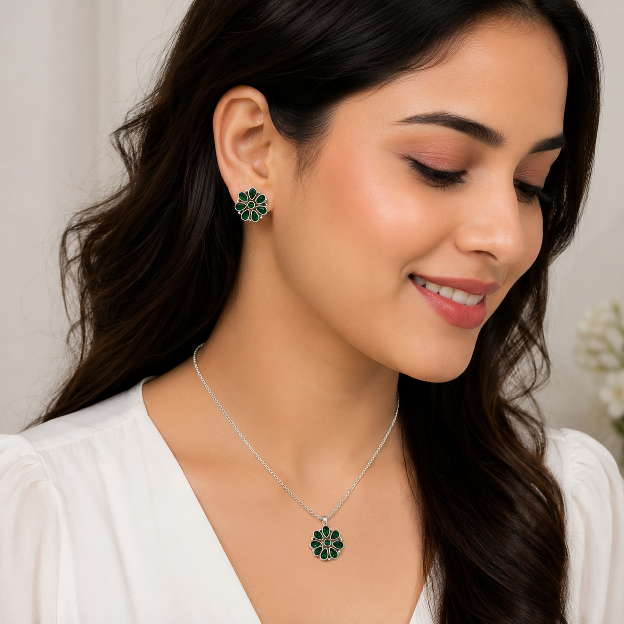 Emerald Green Floral Pendant Set. – 925 Sterling Silver – OYA by Gemkara view 2