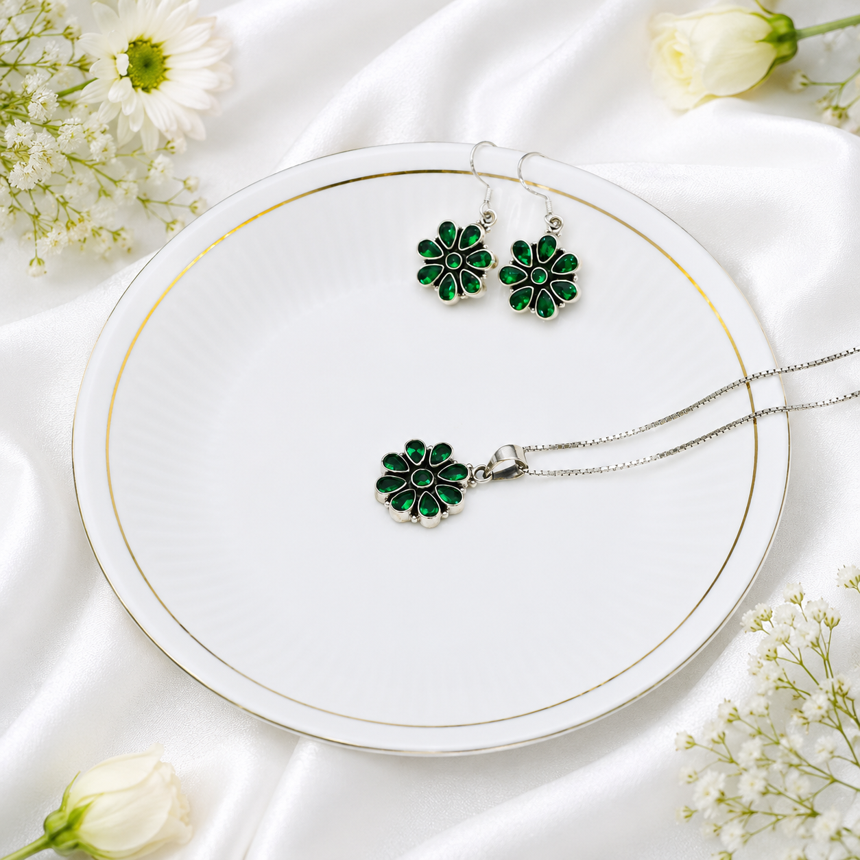 Emerald Green Floral Pendant Set. – 925 Sterling Silver – OYA by Gemkara view 3